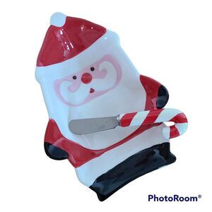 Boston Warehouse Santa Ceramic Serving Dish and Candy Cane Spreader Vintage 2006